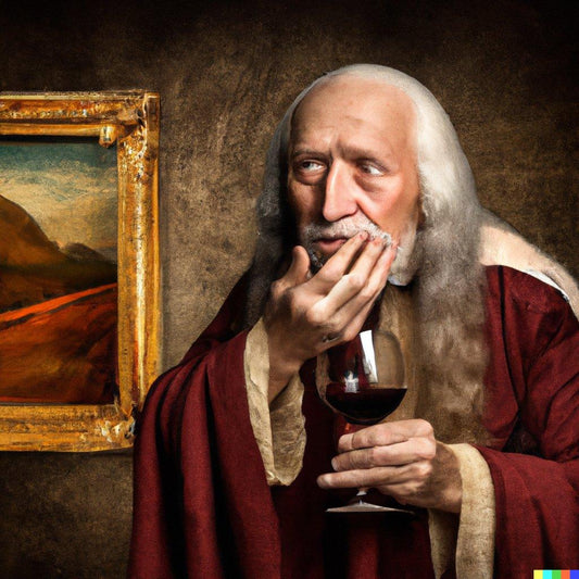 An elderly man in a robe sipping red wine beside a framed landscape painting, contemplating the taste of the wine.