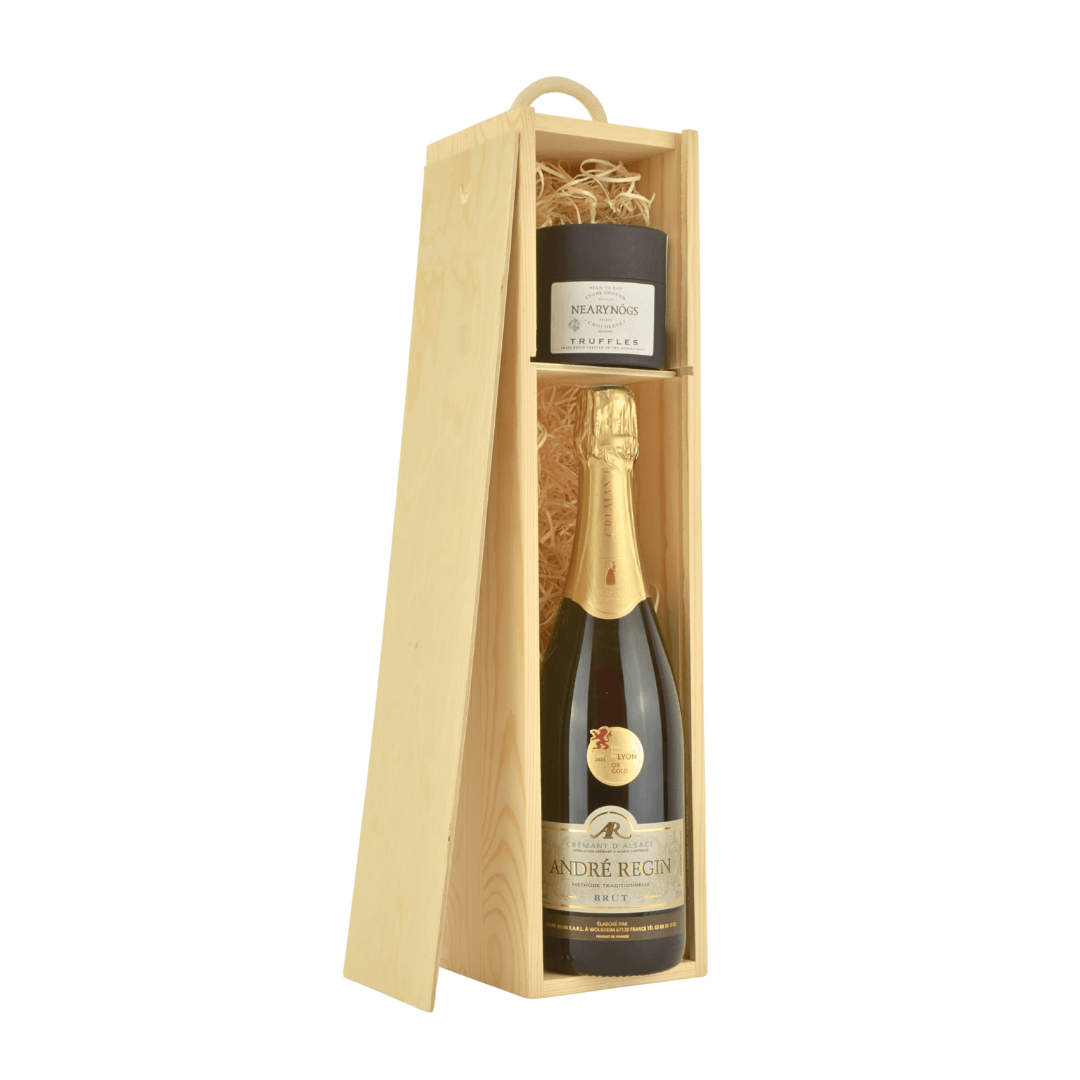 Crémant D'Alsace Organic & Vegan Sparkling Wine and Organic & Vegan Chocolate Truffles Gift in Wood | Wine Ni | Wine Uk | Wine Ireland